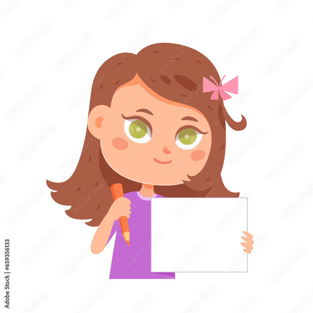 Pretty girl demonstrating empty paper sheet while creating drawings at home or in school. Learning, enjoy, education, playing concept. Feeling happy and fun vector illustration Pretty girl demonstrating empty paper sheet while creating drawings at home or in school. Learning, enjoy, education, playing concept. Feeling happy and fun vector illustration