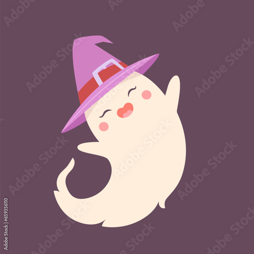 Cute Halloween ghost character in a hat, pleasant charming adorable creature. Funny magic kawaii demon, mystery creative nowadays vector clipart