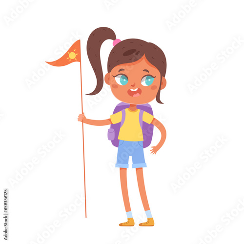 Kid with red flag during camping trip in forest in summer. Outdoor adventure scene vector illustration. Children on vacation