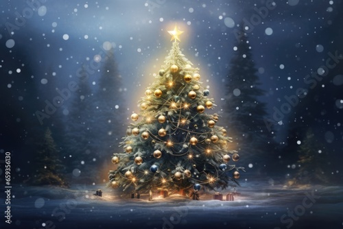 Christmas tree in winter forest with lights and snowflakes. 3d illustration, Christmas Tree With Baubles And Blurred Shiny Lights, AI Generated © Iftikhar alam