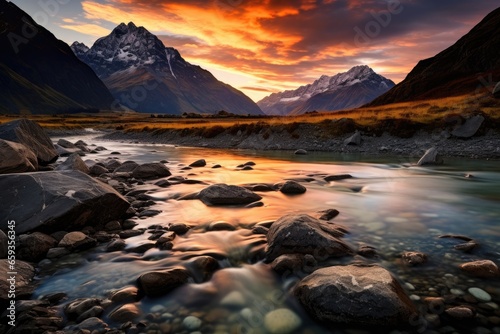 Beautiful landscape of New Zealand alps and river at sunset, Clear river with rocks leads towards mountains lit by sunset, AI Generated