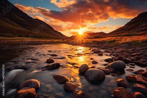 Beautiful sunset over mountain river. Iceland, Europe. Beauty world, Clear river with rocks leads towards mountains lit by sunset, AI Generated © Iftikhar alam