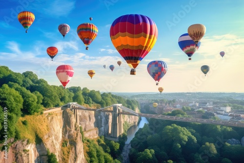 Colorful hot air balloons flying over the city, panoramic view, Clifton Suspension Bridge with hot air balloons in the Bristol Balloon Fiesta in August, AI Generated photo