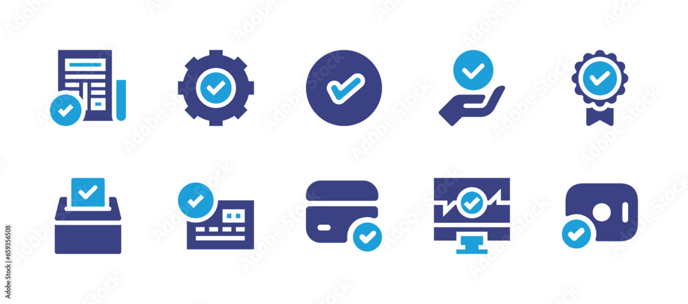 Checkmark icon set. Duotone color. Vector illustration. Containing success, democracy, tick, gear, check, badge, newspaper, credit card, monitor.