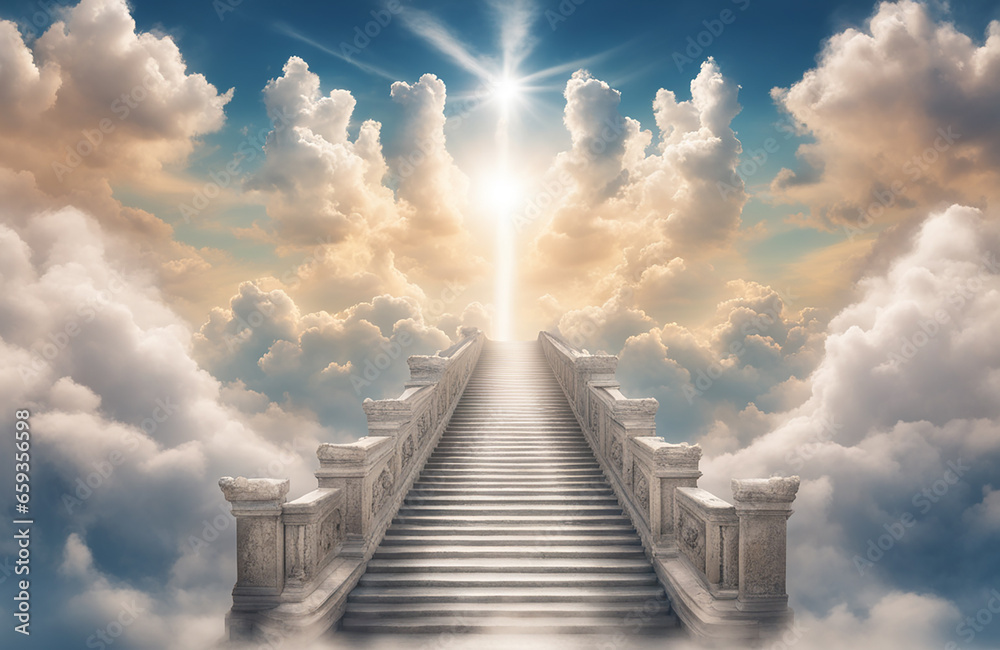 Beautiful heavenly paradise cloudscape. Entering the pearly gates of heaven. Staircase to heaven. Castle in the sky
