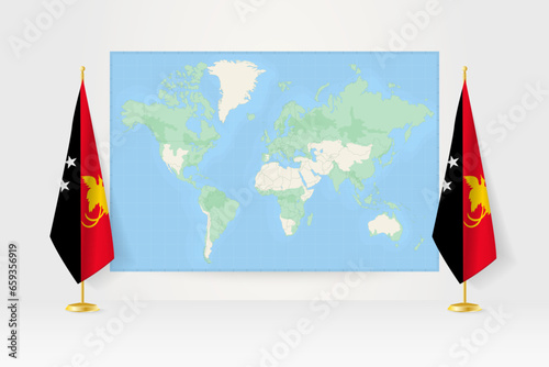 World Map between two hanging flags of Papua New Guinea flag stand.