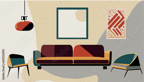 Mid-century modern poster. Living room illustrated in vintage design style