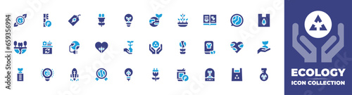 Ecology icon collection. Duotone color. Vector and transparent illustration. Containing eco bag, eco battery, ecology, eco, ecology and environment, label, world, start up, globe, recycling bin.