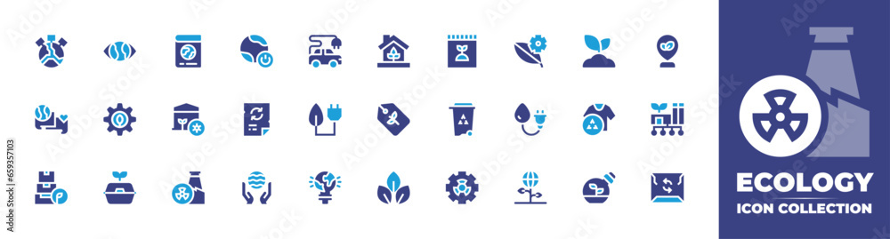 Ecology icon collection. Duotone color. Vector and transparent illustration. Containing eco house, eco tag, eco friendly, greenhouse effect, vision, gear, food container, recycling, green energy, leaf
