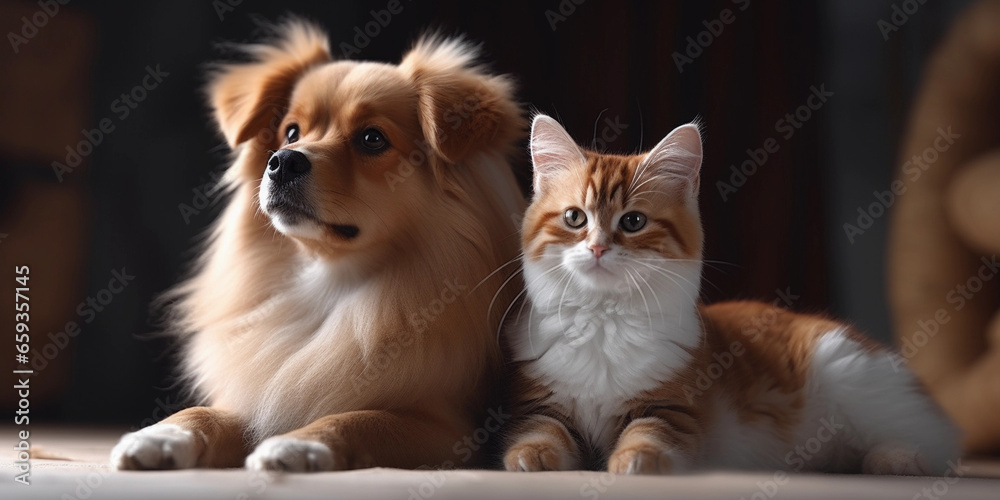 Cute Cat and Cute Dog Together. Witness an adorable companionship as a cute cat and dog share a playful moment. Their endearing bond brings joy and warmth, reminding us that friendship knows no bounds