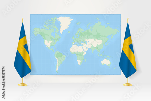 World Map between two hanging flags of Sweden flag stand.