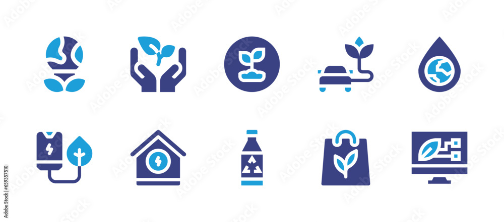 Ecology icon set. Duotone color. Vector illustration. Containing organic, eco bulb, eco car, drop, ecological, house, environment protection, screen, charge, shopping bag.