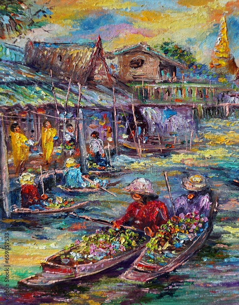 Art painting Oil color Floating market Thailand
