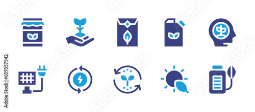 Ecology icon set. Duotone color. Vector illustration. Containing eco packaging, eco product, think eco, ecology, renewable energy, sprout, battery, solar panel, sun.