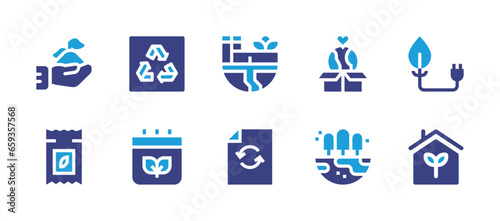 Ecology icon set. Duotone color. Vector illustration. Containing factory, paper sheet, crops, seeds, green energy, plant, recycle, calendar, donation, earth.