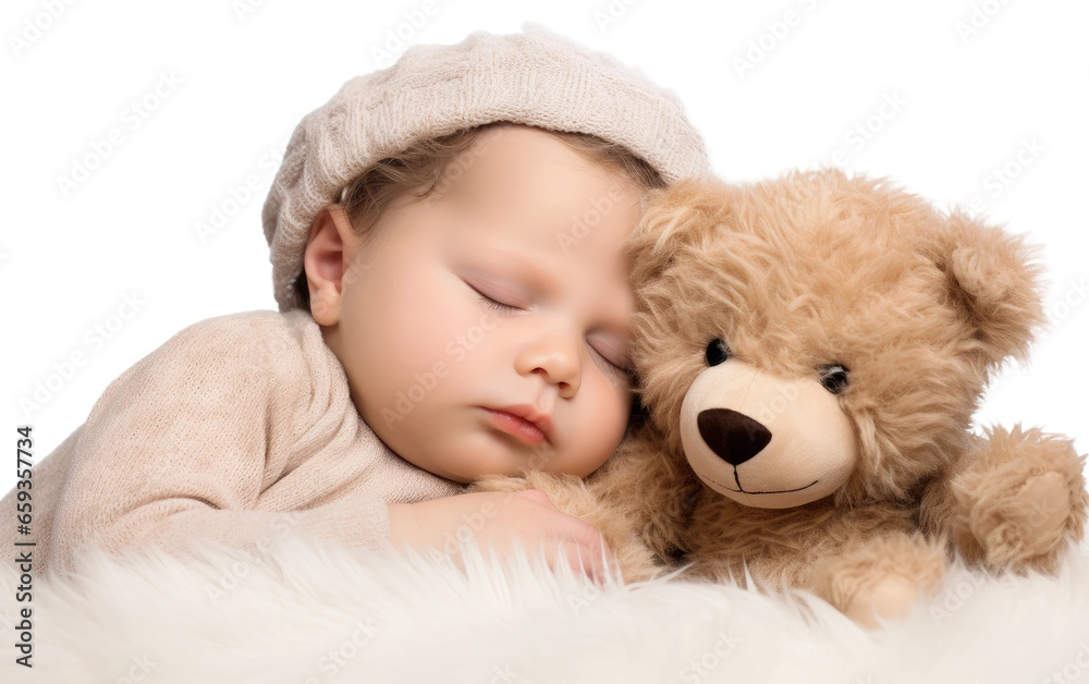 Baby sleeping with toy on isolated background