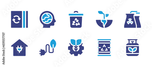 Ecology icon set. Duotone color. Vector illustration. Containing world environment day, plug, recycle bin, recycled paper, green home, grow up, recycle, agronomy, nuclear plant, gas.