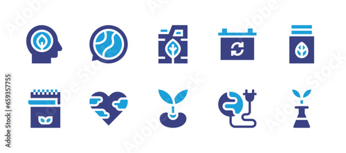 Ecology icon set. Duotone color. Vector illustration. Containing ecology, eco, think green, notebook, plug, battery, biofuel, sprout, flask.