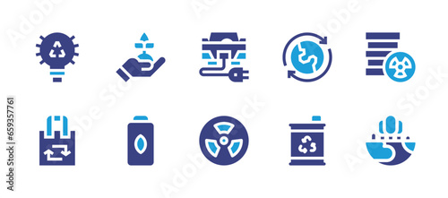 Ecology icon set. Duotone color. Vector illustration. Containing ecology, eco battery, bio, light bulb, recycled bag, recycle, electric car, radiation, radioactive, ecosystem.