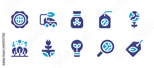 Ecology icon set. Duotone color. Vector illustration. Containing eco tag, eco car, tag, bulb, green energy, badge, sourcing, photosynthesis, garbage, world.