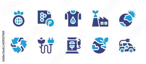 Ecology icon set. Duotone color. Vector illustration. Containing eco factory, earth, globe, recycling, beewax paper, green energy, tshirt, biofuel, sun, electric car.
