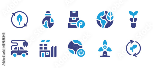 Ecology icon set. Duotone color. Vector illustration. Containing ecological, bio, recycling, earth, leaves, turn off, tupperware, windmill, factory, test tube. © Huticon