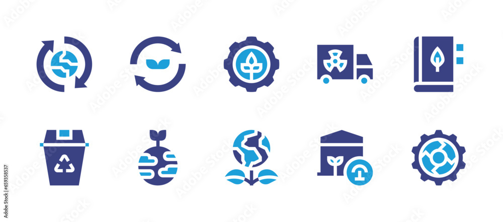 Ecology icon set. Duotone color. Vector illustration. Containing ecology, environment protection, waste bin, sustainable, earth, truck, pressure gauge, botany, sustain.
