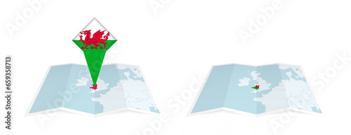 Two versions of an Wales folded map, one with a pinned country flag and one with a flag in the map contour. Template for both print and online design.