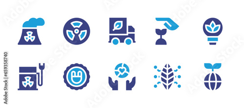 Ecology icon set. Duotone color. Vector illustration. Containing environment, ecology, truck, earth, growth, photosynthesis, radiation, plug, nuclear plant, nuclear power.