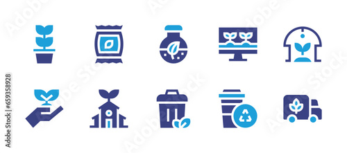 Fototapeta Naklejka Na Ścianę i Meble -  Ecology icon set. Duotone color. Vector illustration. Containing eco packaging, ecology, greenhouse, distribution, biomass, garbage can, plant, tree, monitoring, paper cup.