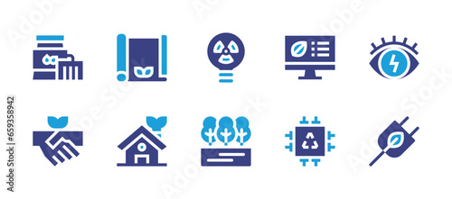 Ecology icon set. Duotone color. Vector illustration. Containing eco packaging, eco house, energy, plug, nuclear, forest, plant, handshake, smart farm, cpu.