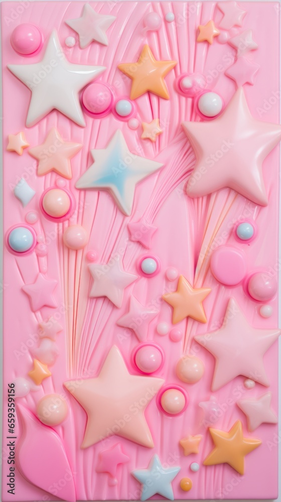 This vibrant and whimsical abstract painting, featuring a dreamy pink background filled with 3d circles and stars, is a visual representation of the sweetness and joy found in a delectable dessert