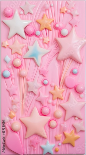 This vibrant and whimsical abstract painting  featuring a dreamy pink background filled with 3d circles and stars  is a visual representation of the sweetness and joy found in a delectable dessert