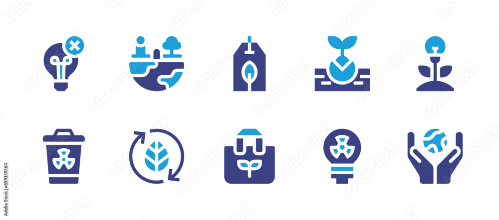 Ecology icon set. Duotone color. Vector illustration. Containing environment, leaf, eco tag, eco bag, bio energy, earth, electricity, trash can, sprout, nuclear energy.