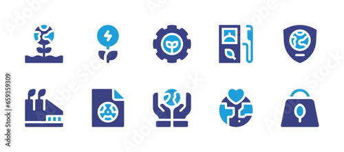 Ecology icon set. Duotone color. Vector illustration. Containing planet, cogwheel, planet earth, shield, nuclear, factory, bag, renewable energy, love, bio.