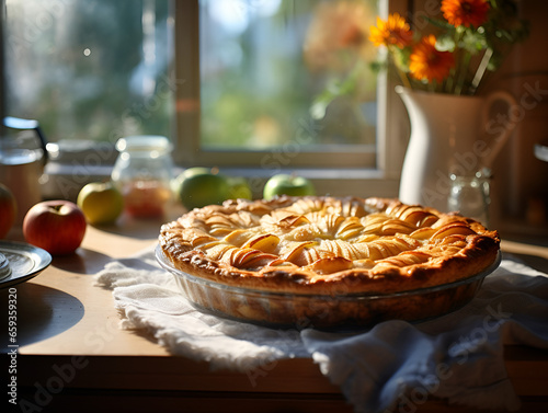 Delicious homemade apple pie on wooden kitchen table, blurred background with a window and sunlight