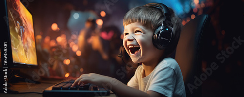 Happy boy is excited playing games on computer. Playing PC games concept