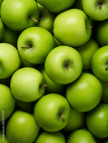 Fresh green apples upper view close up background 