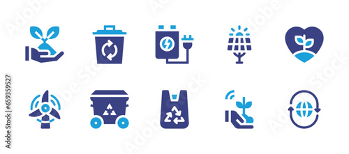 Ecology icon set. Duotone color. Vector illustration. Containing solar panel, recycle, recycle bin, reusable, love, recycling, rechargeable battery, plant, grow, wind mill. © Huticon