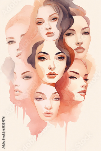 Women faces watercolor illustration horizont