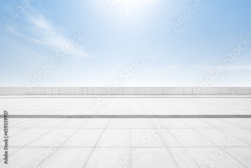financial district buildings of shanghai and empty floor and blue sky photo