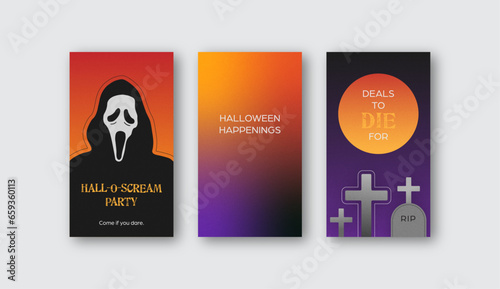 Set of Halloween social media templates in portrait format for stories, reels, covers, ads. Scary screaming ghost face, gradient, and tombstone.