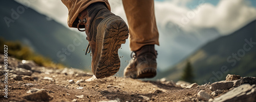 Close up photo of hiker boots on mountains during hiking. photo