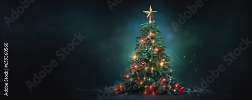 Beautiful christmas tree in dark background. Free space for text