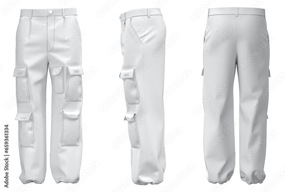 Men's cargo pants isolated. Mockup of plain White cargo. Pants for daily activities cargo, menswear. Modern fashion - obrazy, fototapety, plakaty 