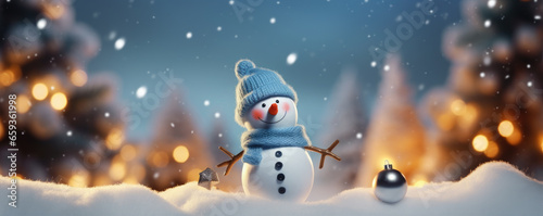 Beautiful snowman in fairytale snowy landscape. Wallpaper and background © Filip