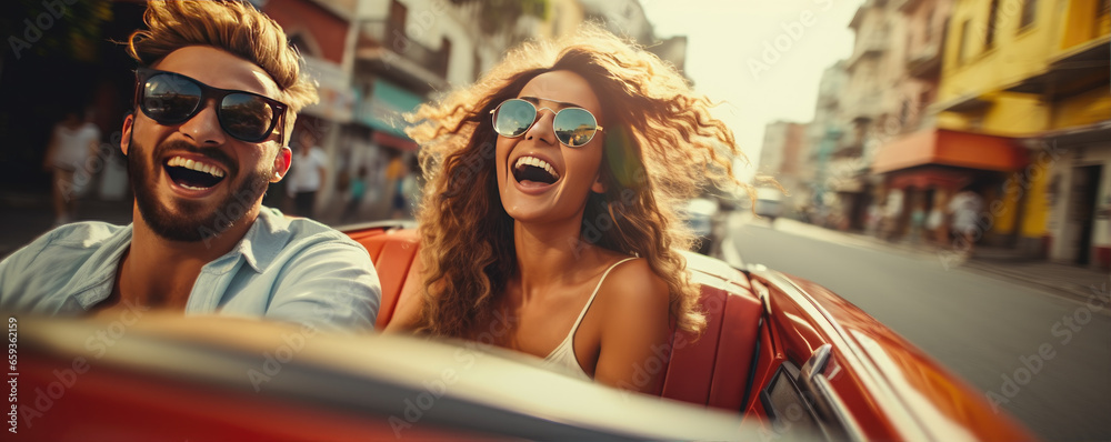 Happy young couple is enjoying ride in a cabriolet car during summer sunny day, active lifestyle concept