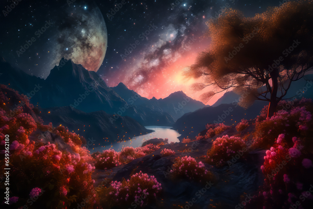 Surreal Fantasy Landscape.  Generated Image.  A digital rendering of a fantastical, surrealistic landscape on a unknown planet at an unknown time.