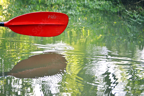Ein rotes Paddel taucht in das grüne, ruhige Wasser des Flusses ab.