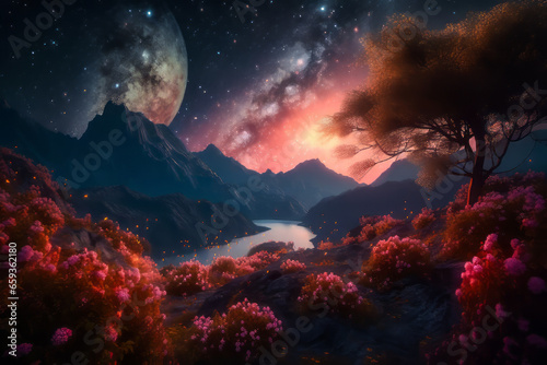 Surreal Fantasy Landscape. Generated Image. A digital rendering of a fantastical, surrealistic landscape on a unknown planet at an unknown time.